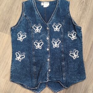 Vintage Embroidered Denim Vest with Butterfly Design- Pearls
